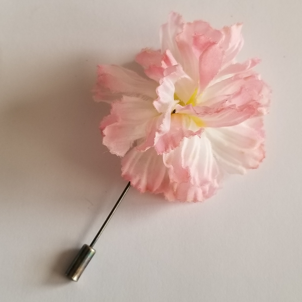 Vintage pink flower stick pin boutonniere floral silver tone artificial